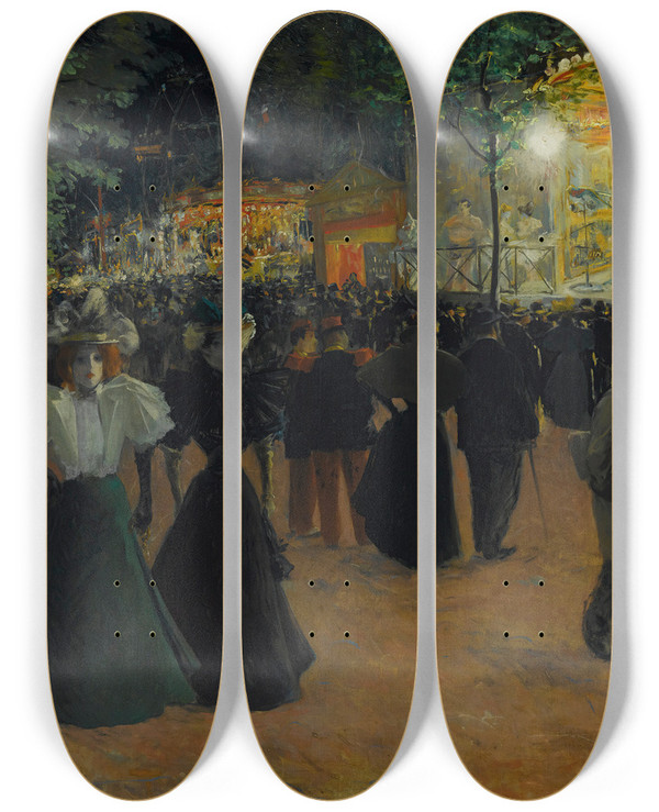 Triptych art skateboard deck of Louis Abeltruchet La Fte Forain Place Pigalle by Louis Abel-Truchet (1857-1918)
