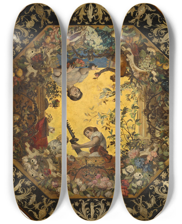Triptych art skateboard deck of Hugo Charlemont Lute Players by Hugo Charlemont (1850-1939)