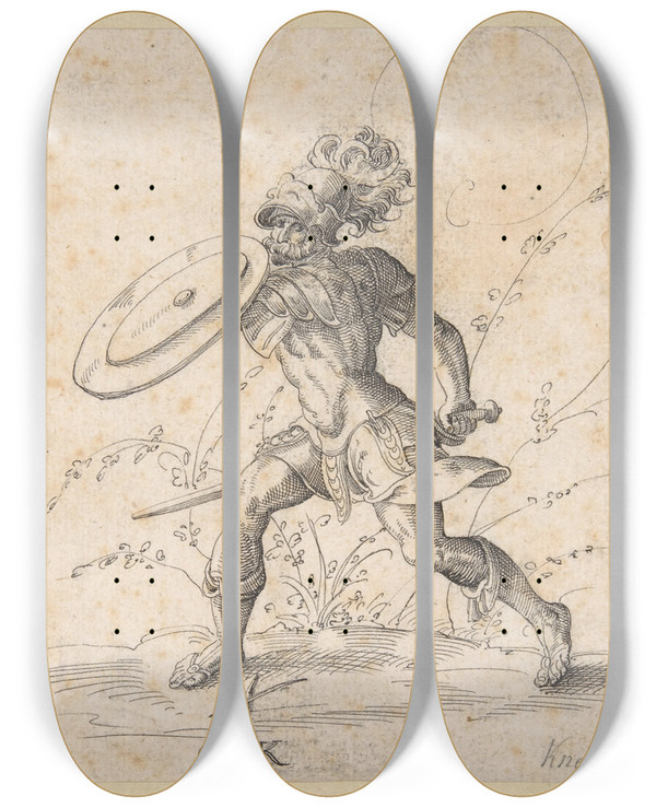 Triptych art skateboard deck of Monogrammist Gk A Soldier Brandishing A Shield In A Landscape by Monogrammist Gk
