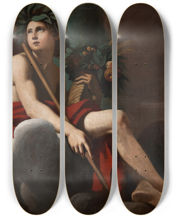Triptych art skateboard deck of Giovanni Francesco Romanelli Bacchus by Giovanni Francesco Romanelli (1610-1662)