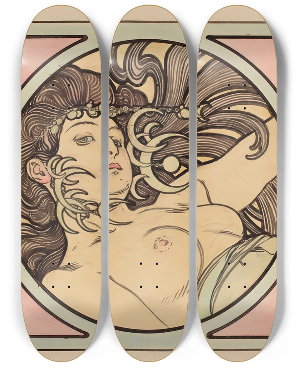 Triptych art skateboard deck of Alphonse Mucha Vitrail Pour La Faade De La Boutique Fouquet_4 by Alphonse Mucha (1860-1939)
