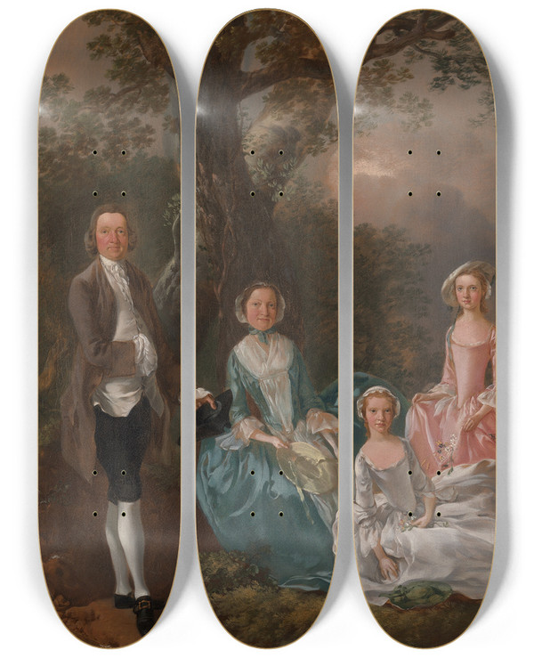 Triptych art skateboard deck of Thomas Gainsborough The Gravenor Family by Thomas Gainsborough (1727-1788)