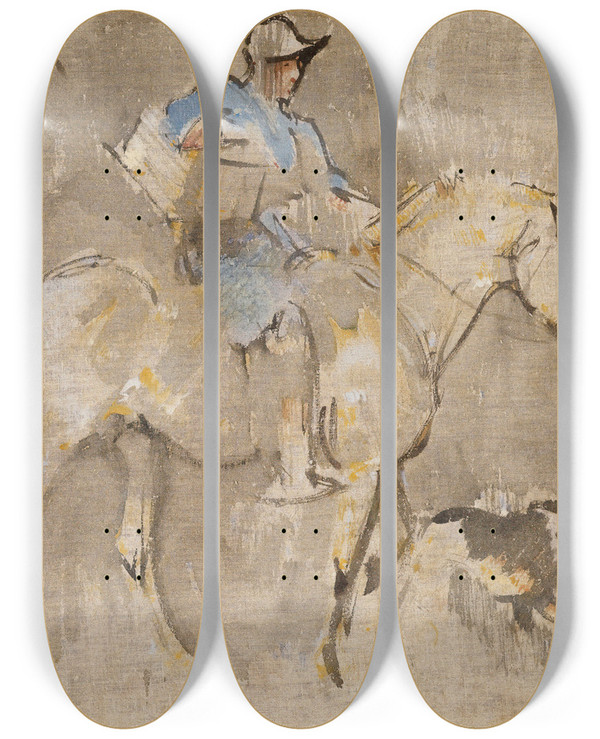 Triptych art skateboard deck of Joseph Crawhall Groom And Pony by Joseph Crawhall (1861-1913)