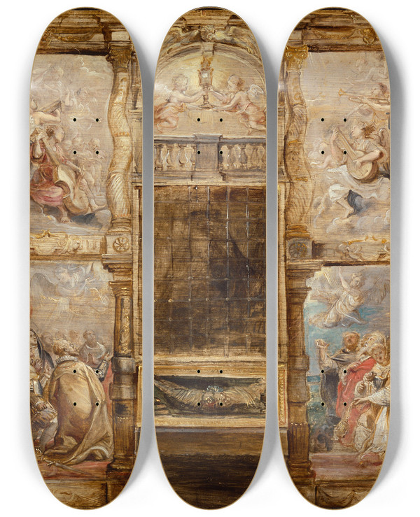 Triptych art skateboard deck of Peter Paul Rubens The Adoration Of The Eucharist by Peter Paul Rubens (1577-1640)