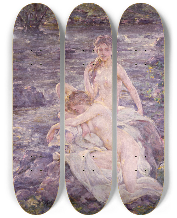 Triptych art skateboard deck of Robert Reid The Bathers by Robert Reid (1862-1929)