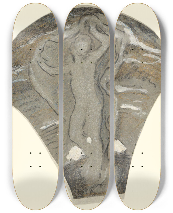 Triptych art skateboard deck of Elihu Vedder Study Forluna_2 by Elihu Vedder (1836-1923)