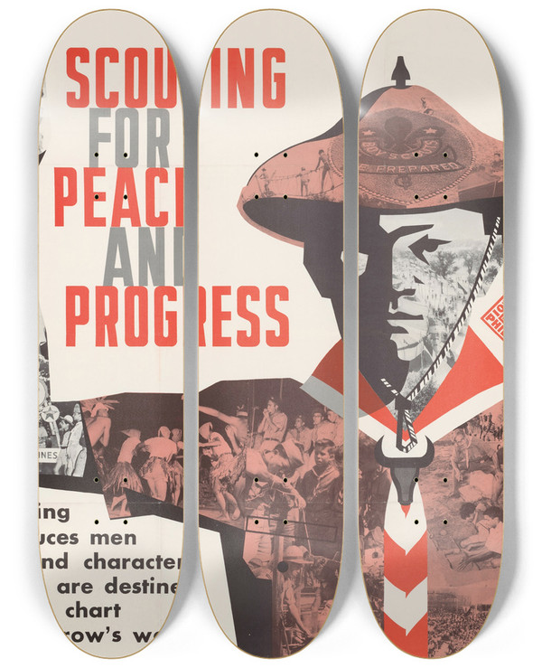 Triptych art skateboard deck of Us Information Agency Scouting For Peace Progress by U S Information Agency (1953-1999)