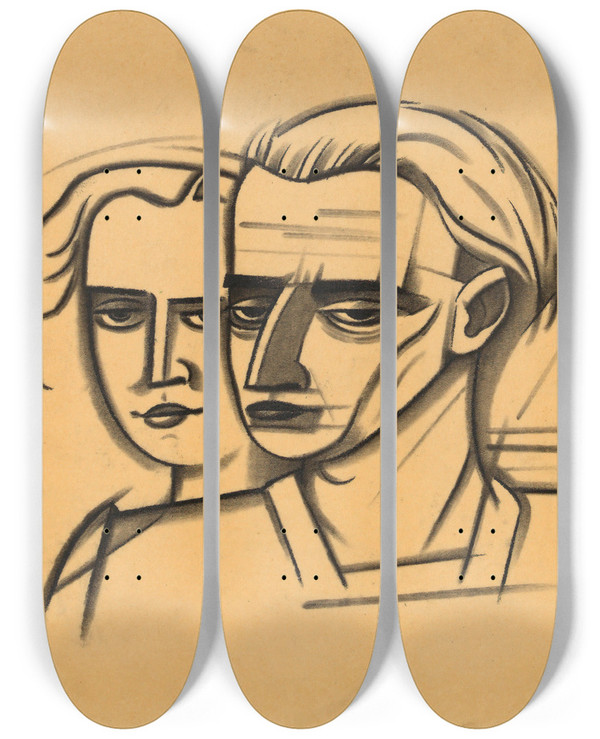 Triptych art skateboard deck of Karl Wiener Mnnliches Und Weibliches Portrt by Karl Wiener (1901-1949)