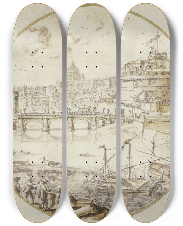 Triptych art skateboard deck of Lieven Cruyl Castel Santangelo In Rome by Lievin Cruyl (1634-1720)