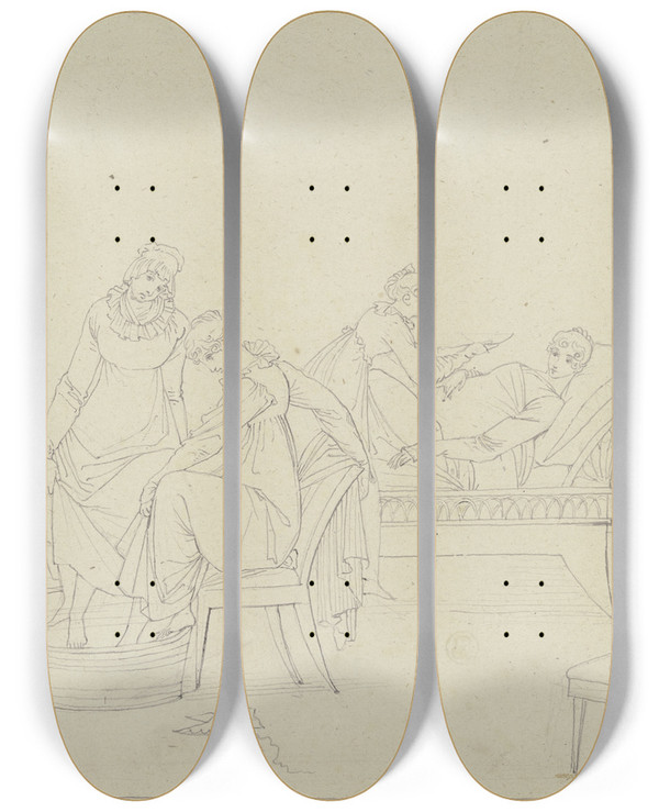 Triptych art skateboard deck of Peter Von Cornelius Die Damen Im Neglig Taunusreise by Peter Von Cornelius (1784-1867)