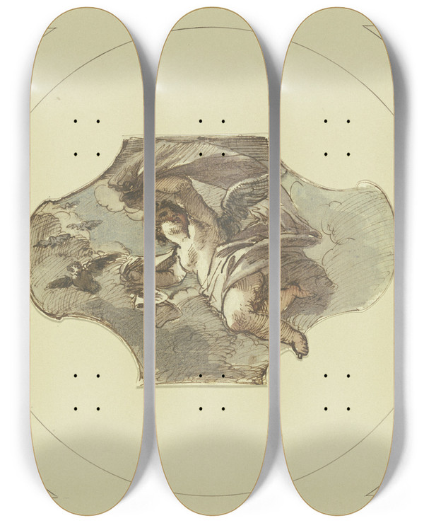 Triptych art skateboard deck of Pietro Da Cortona Hovering Genius by Pietro da Cortona (1596-1669)