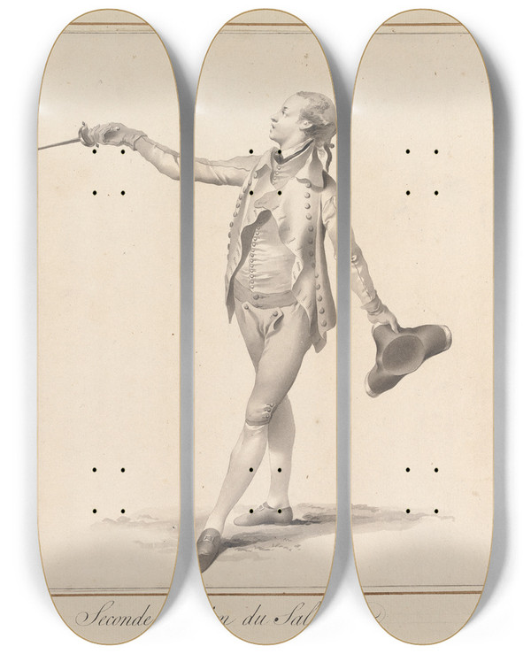 Triptych art skateboard deck of James Gwin Seconde Position Du Salut by James Gwin (1720-1769)