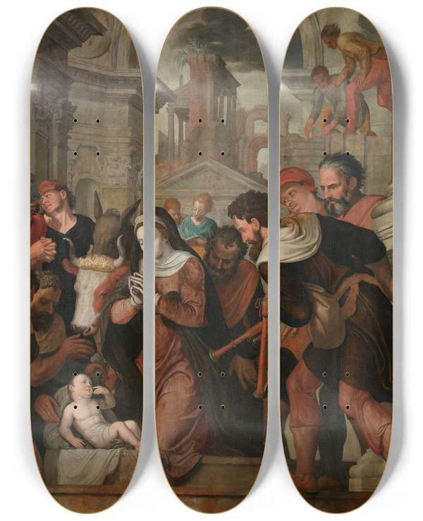 Triptych art skateboard deck of Lambert Van Noort The Adoration Of The Shepherds by Lambert Van Noort (1520-1570)
