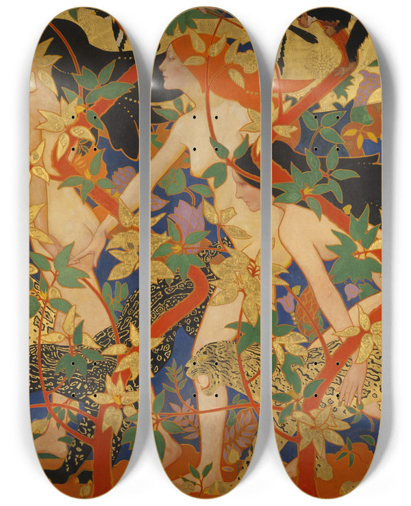 Triptych art skateboard deck of Robert Burns Diana And Her Nymphs by Robert Burns (1869-1941)