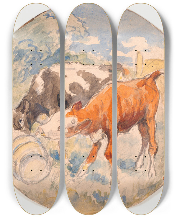 Triptych art skateboard deck of Theodor Philipsen To Kalve I Det Fri Slikkende En Vltet Mlkebtte Udkast Til Keramisk Fad by Theodor Philipsen (1840-1920)