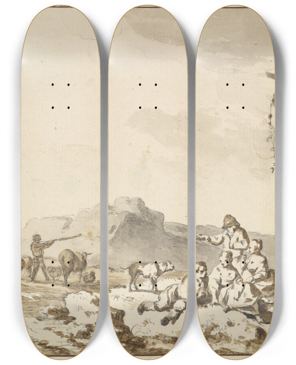 Triptych art skateboard deck of Ferdinand Kobell Shepherds At Rest by Ferdinand Kobell (1740-1799)