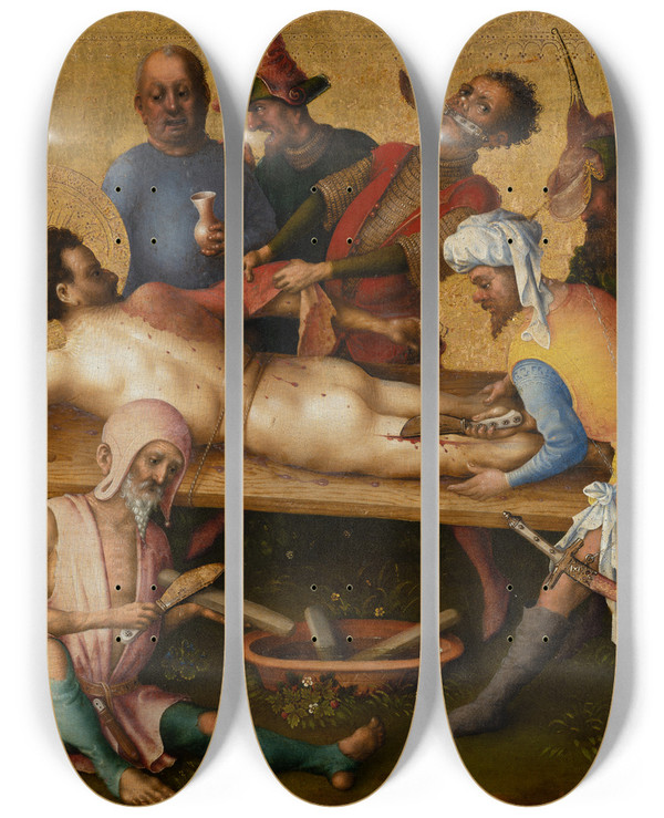 Triptych art skateboard deck of Stefan Lochner Martyrdom Of St Bartholomew by Stefan Lochner (1400-1452)