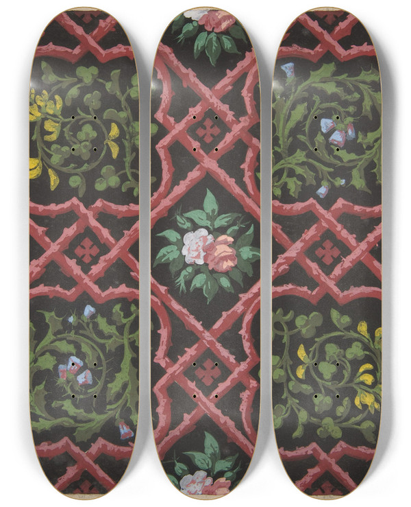 Triptych art skateboard deck of Julesedmondcharles Lachaise Design For Wallpaper Featuring Flowers And Latticework by Jules-Edmond-Charles Lachaise (1897)