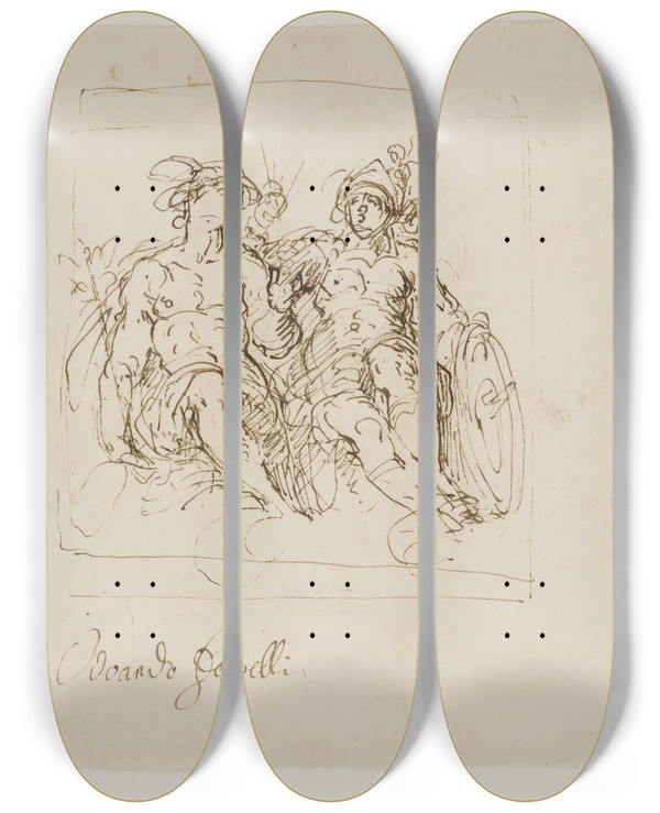 Triptych art skateboard deck of Jacopo Palma Il Giovane Merkur Og Minerva by Jacopo Palma Il Giovane (1548-1628)