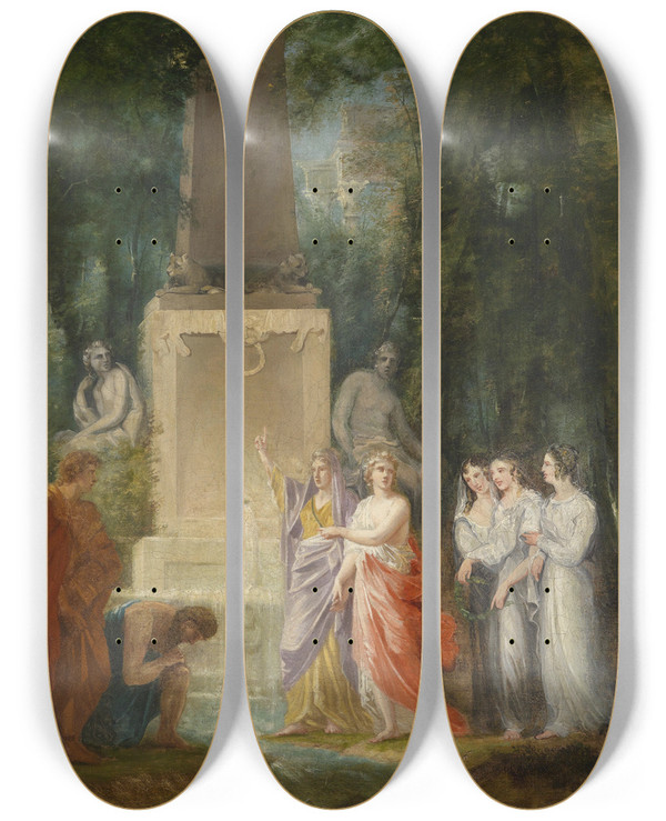 Triptych art skateboard deck of Heinrich Friedrich Fger Dichter Trinken Am Kastalischen Quell Das Wasser Der Wahrhei by Heinrich Friedrich Fger (1751-1818)
