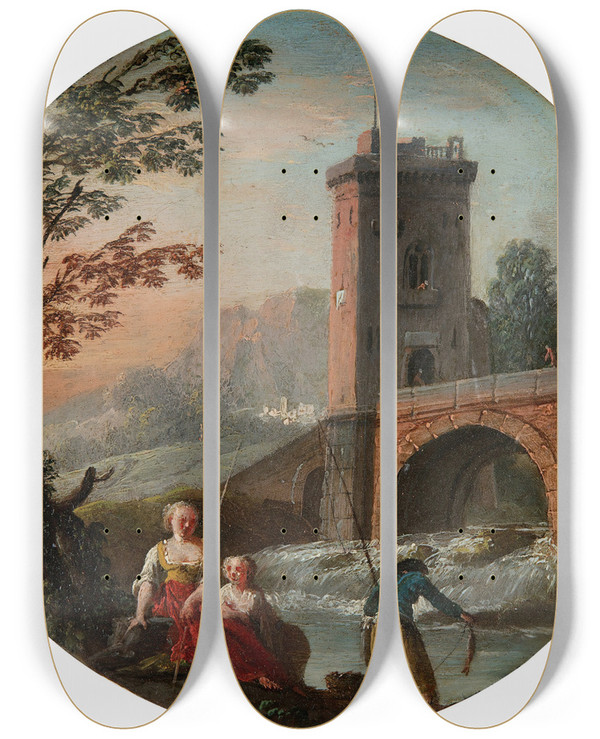 Triptych art skateboard deck of Charlesfranois Grenier De Lacroix A Fisherman And Family Beneath A Bridge by Charles Francois Grenier De Lacroix (1700-1782)