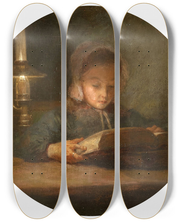 Triptych art skateboard deck of Adolpheflix Cals La Fille De Lartiste Lisant by Adolphe-Flix Cals (1810-1880)