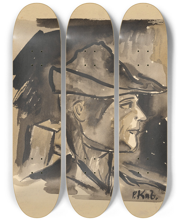 Triptych art skateboard deck of Arnold Peter Weiszkubnan Man In A Hat by Arnold Peter Weisz-Kubnan (1898-1944)