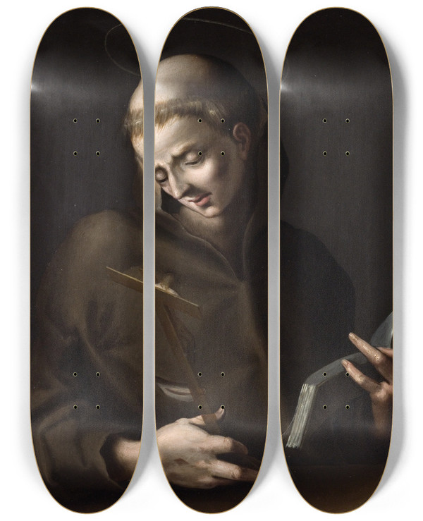 Triptych art skateboard deck of Fra Cosmo Da Castelfranco St Francis by Fra Cosmo Da Castelfranco (1557-1621)