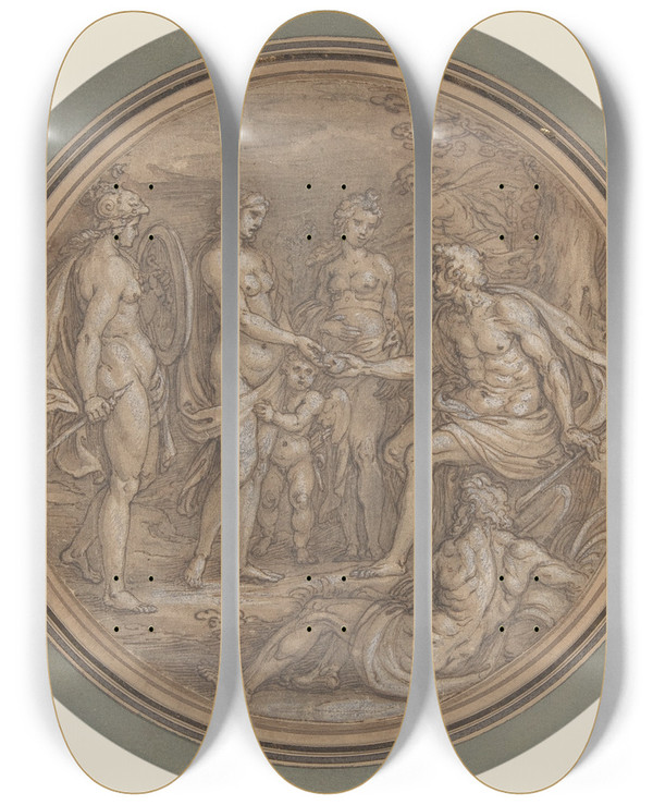 Triptych art skateboard deck of Pieter De Jode I The Judgment Of Paris by Pieter de Jode I (1570-1634)