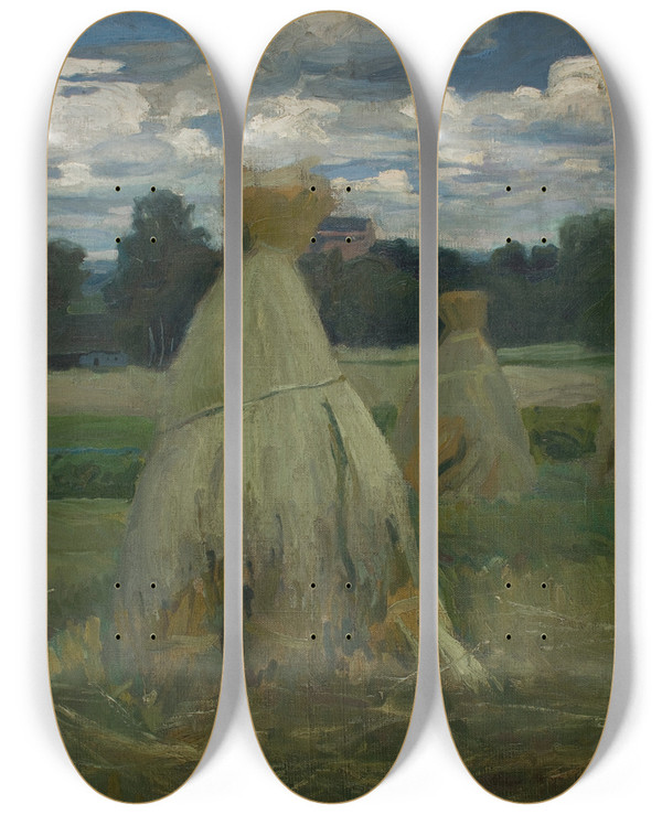 Triptych art skateboard deck of Stanisaw Kamocki Ricks Of Corn In A Landscape by Stanislaw Kamocki (1875-1944)