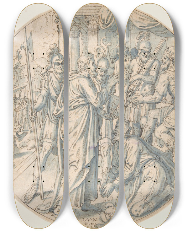 Triptych art skateboard deck of Lambert Van Noort St George And The Sorcerer Of Dacian by Lambert Van Noort (1520-1570)
