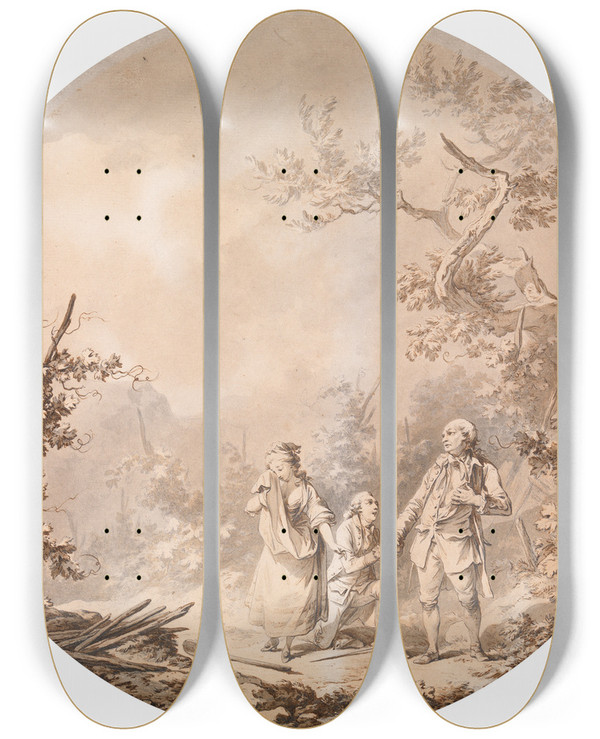Triptych art skateboard deck of Philip James De Loutherbourg The Plea by Philip James De Loutherbourg (1740-1812)