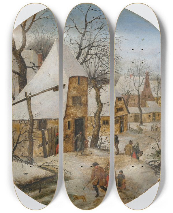 Triptych art skateboard deck of Pieter Brueghel The Younger Winter by Pieter Brueghel The Younger (1565-1636)