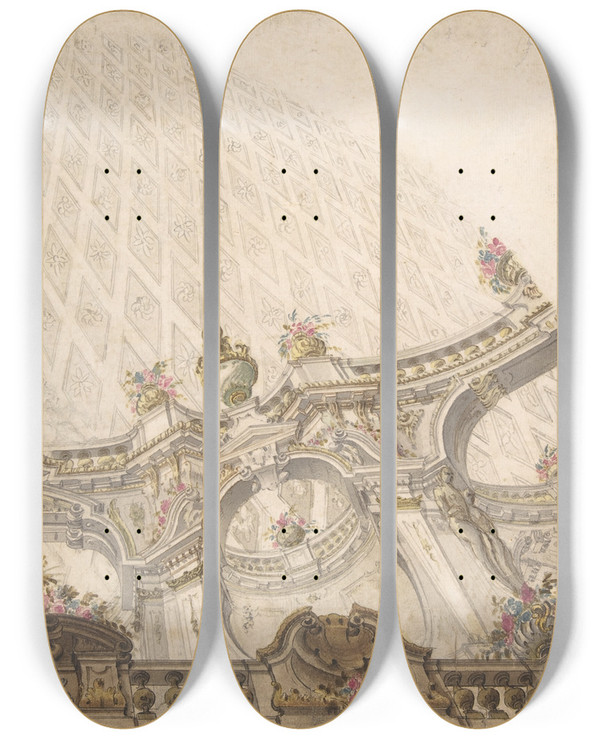 Triptych art skateboard deck of Giovanni Antonio Torricelli Design For A Cupola Decoration_2 by Giovanni Antonio Torricelli (1716-1781)