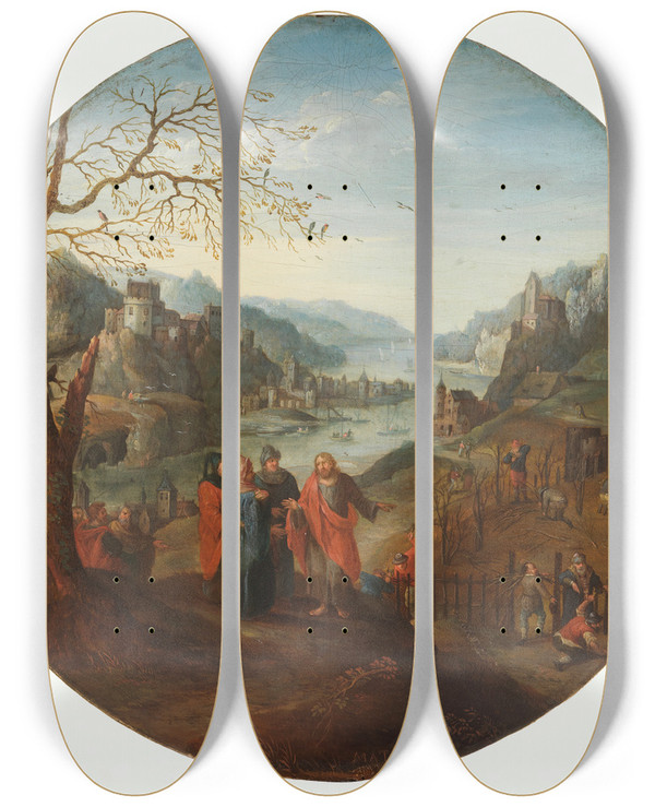 Triptych art skateboard deck of Abel Grimmer Parable From The Barren Fig Tree by Abel Grimmer (1570-1620)
