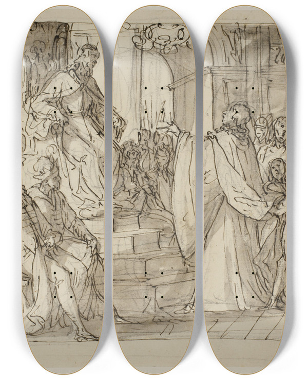 Triptych art skateboard deck of Antonio Aliense En Ambassadr For Barbarigofamilien Modtages I Audiens Af En Konge Studie Til En Fresco I Villa Barbarigo Noventa Vicentina by Antonio Aliense