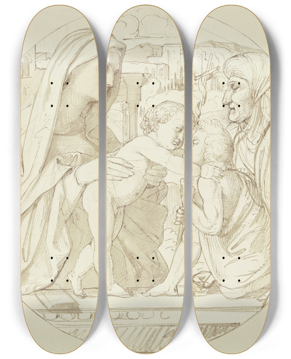 Triptych art skateboard deck of Eduard Von Steinle Madonna Mit Elisabeth Und Dem Kleinen Johannes by Eduard Von Steinle (1810-1886)
