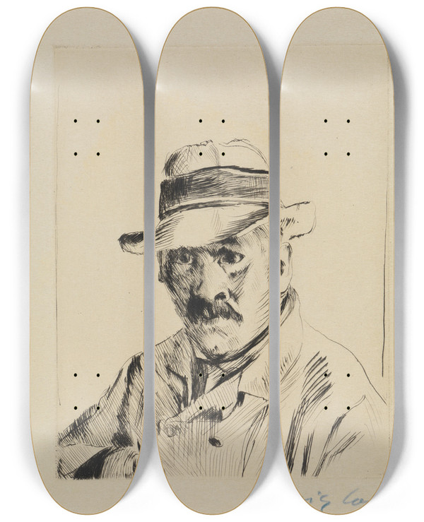 Triptych art skateboard deck of Lovis Corinth Selbstbildnis Im Strohhut by Lovis Corinth (1858-1925)