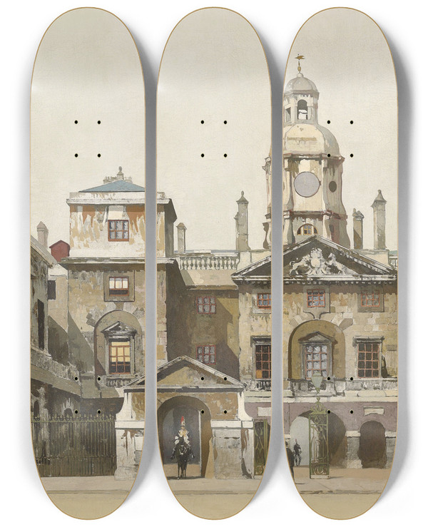 Triptych art skateboard deck of James Kerrlawson Horseguards by James Kerr Lawson