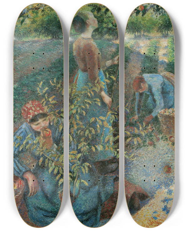 Triptych art skateboard deck of Camille Pissarro Apple Picking by Camille Pissarro (1830-1903)