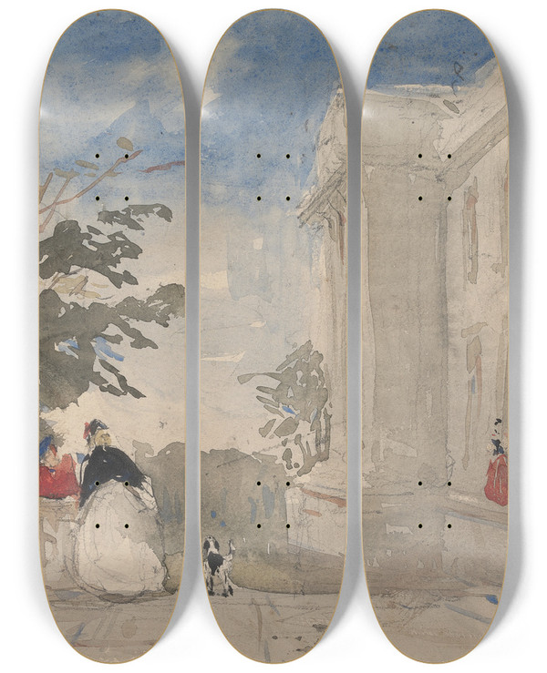 Triptych art skateboard deck of Alfred Elmore Figures On A Terrace by Alfred Elmore (1815-1881)