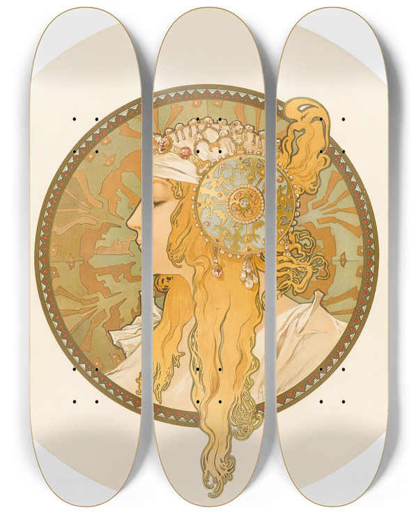 Triptych art skateboard deck of Alphonse Mucha Ttes Byzantines Blonde by Alphonse Mucha (1860-1939)