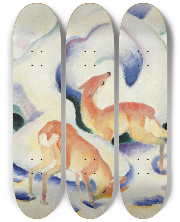 Triptych art skateboard deck of Franz Marc Deer In The Snow by Franz Marc (1880-1916)