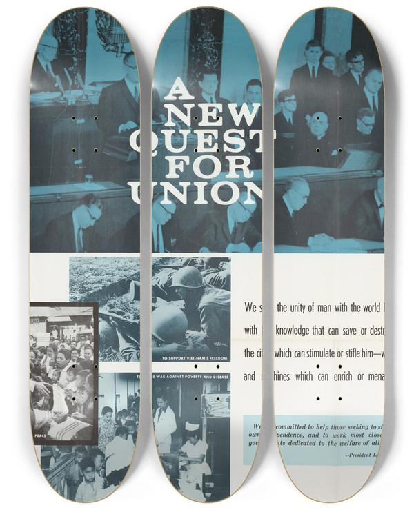 Triptych art skateboard deck of Us Information Agency A New Quest For Union by U S Information Agency (1953-1999)