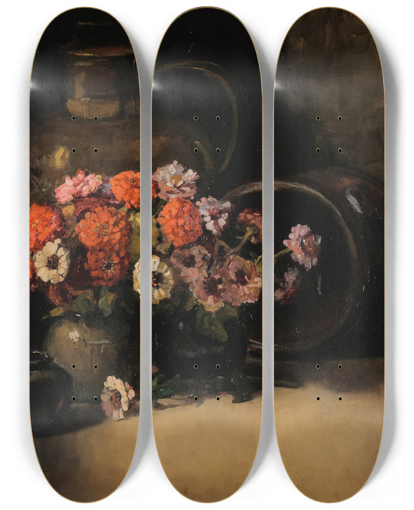 Triptych art skateboard deck of Dorothy Richmond Zinnias_2 by Dorothy Richmond (1861-1935)