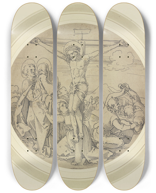 Triptych art skateboard deck of Hans Sebald Beham Crucifixion Of Christ by Hans Sebald Beham