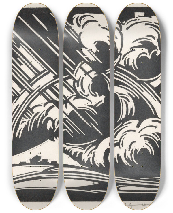 Triptych art skateboard deck of Henri Jonas Storm Boven Een Landschap by Henri Jonas (1878-1944)