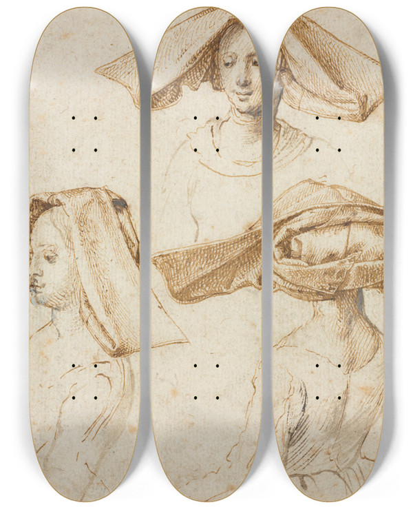 Triptych art skateboard deck of Peter Paul Rubens Three Studies Of A Woman Wearing An Elaborate Headdress by Peter Paul Rubens (1577-1640)