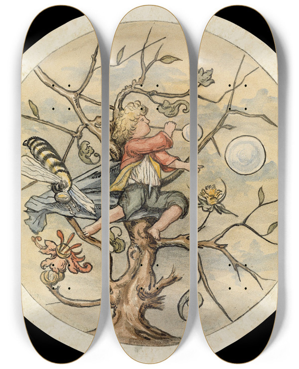 Triptych art skateboard deck of Franz Von Stuck Seifenblasender Knabe by Franz Von Stuck (1863-1928)