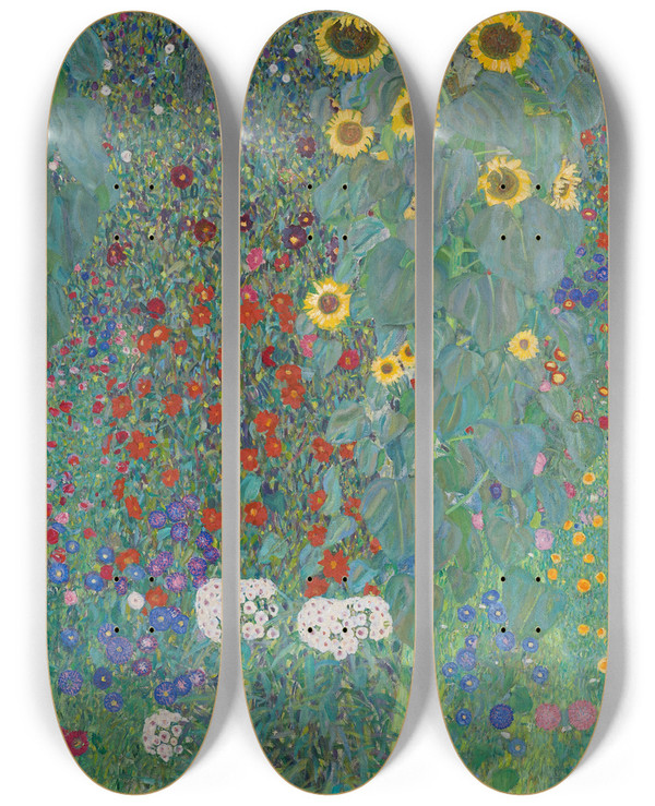 Triptych art skateboard deck of Gustav Klimt Cottage Garden With Sunflowers by Gustav Klimt (1862-1918)